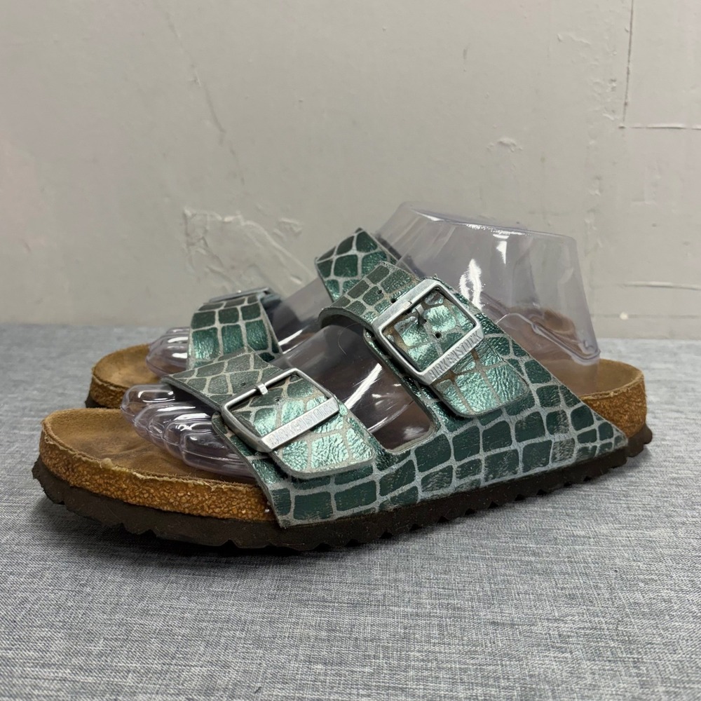 Birkenstock Arizona Sandals Women 41 L10 Green Metallic Alligator Embossed Slide